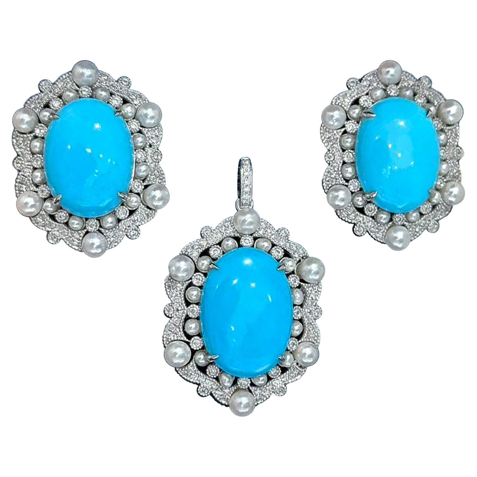 【Caelmare】Azure Bloom Turquoise and Akoya Pearl Diamond Earrings and Pendant Set For Sale
