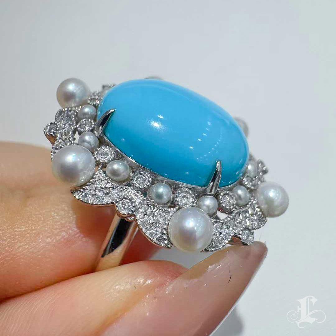 【Caelmare】Azure Bloom Türkis und Akoya Perle Diamant Ring im Angebot 5