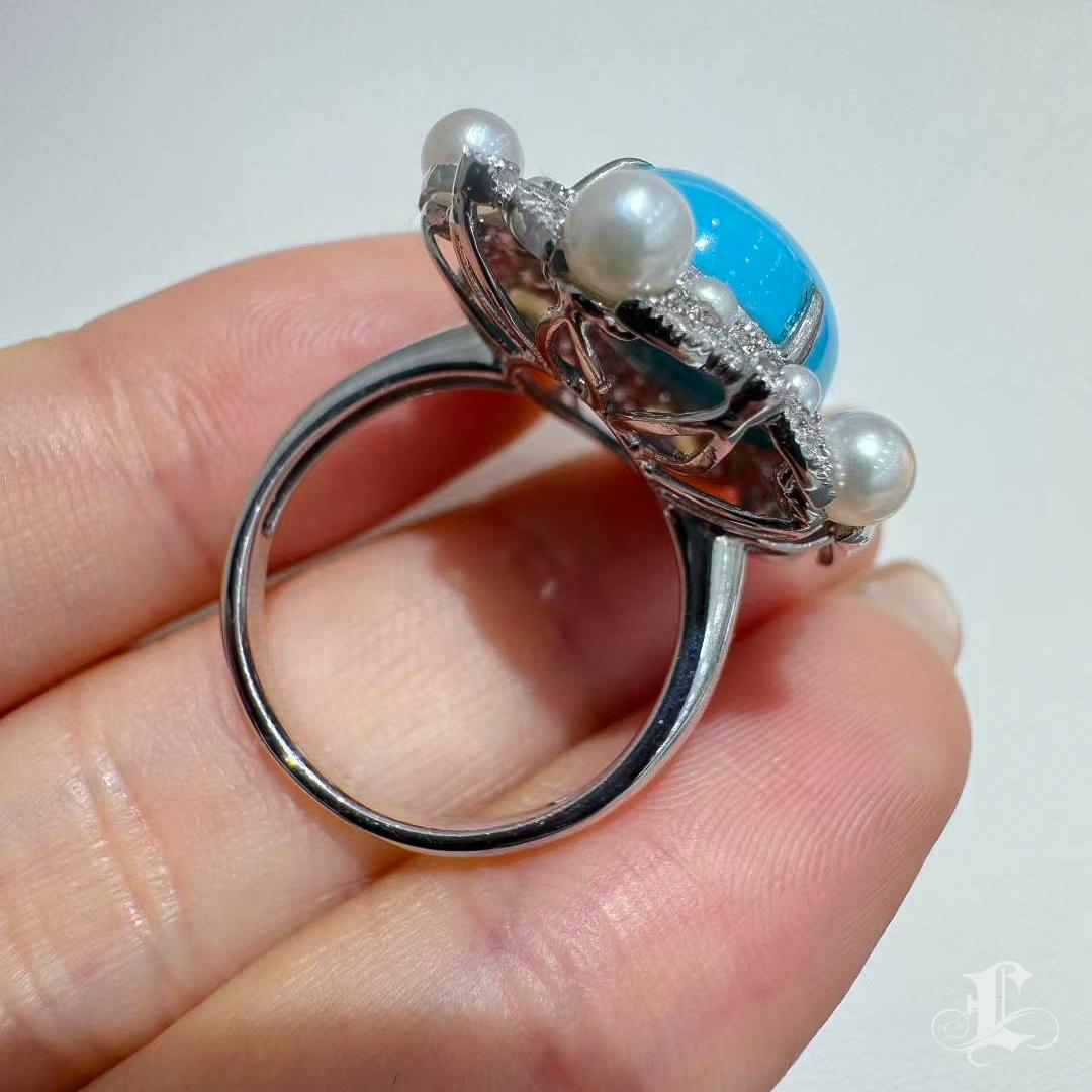 【Caelmare】Azure Bloom Türkis und Akoya Perle Diamant Ring im Angebot 6