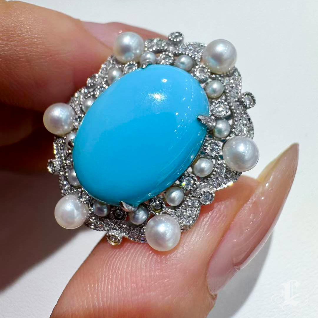 【Caelmare】Azure Bloom Türkis und Akoya Perle Diamant Ring im Zustand „Neu“ im Angebot in New York, NY