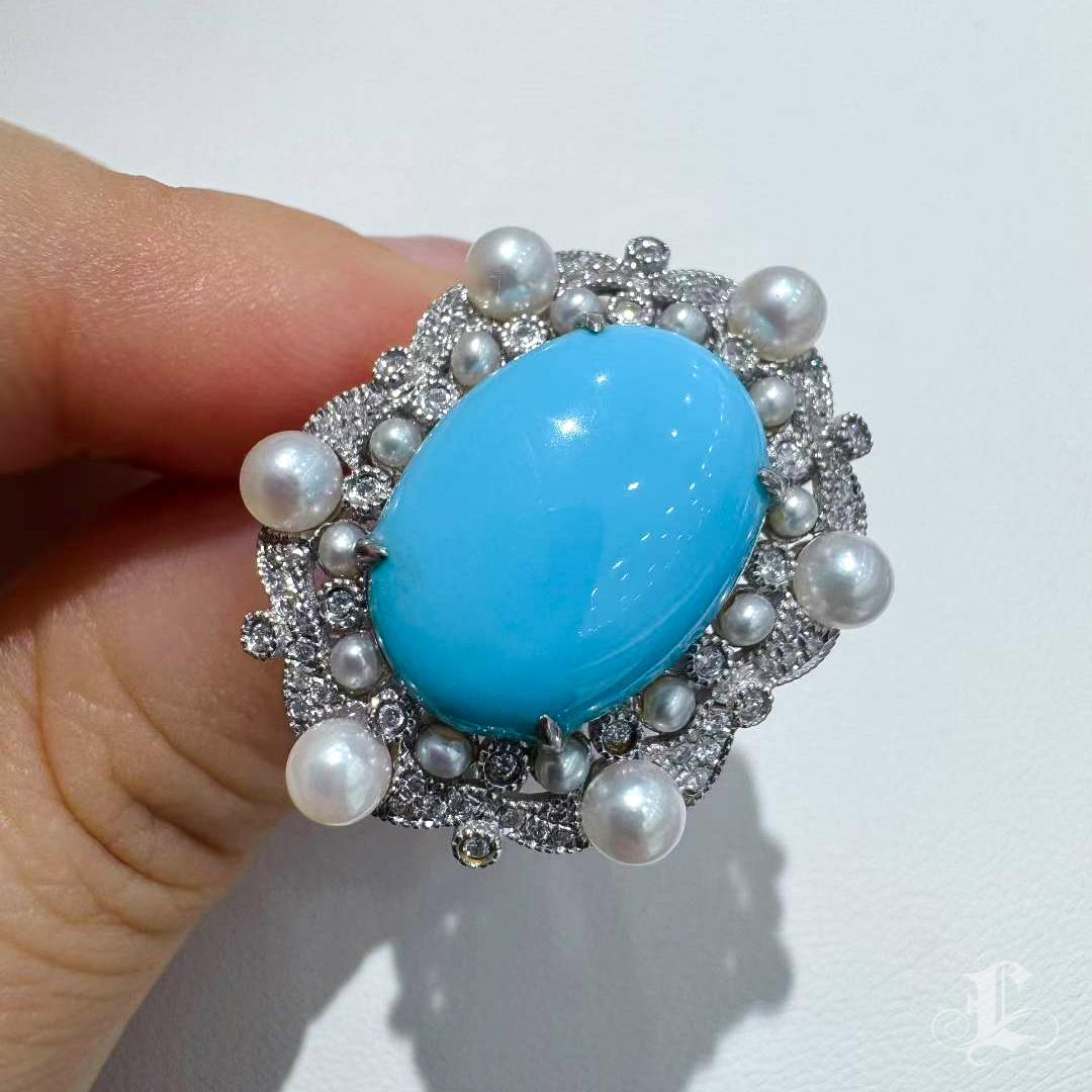 【Caelmare】Azure Bloom Türkis und Akoya Perle Diamant Ring Damen im Angebot