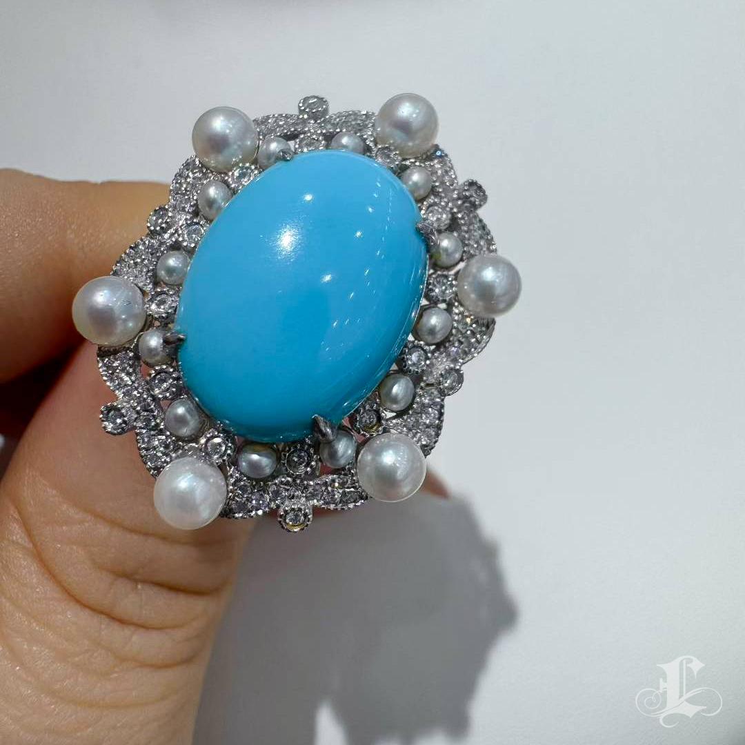 【Caelmare】Azure Bloom Türkis und Akoya Perle Diamant Ring im Angebot 1
