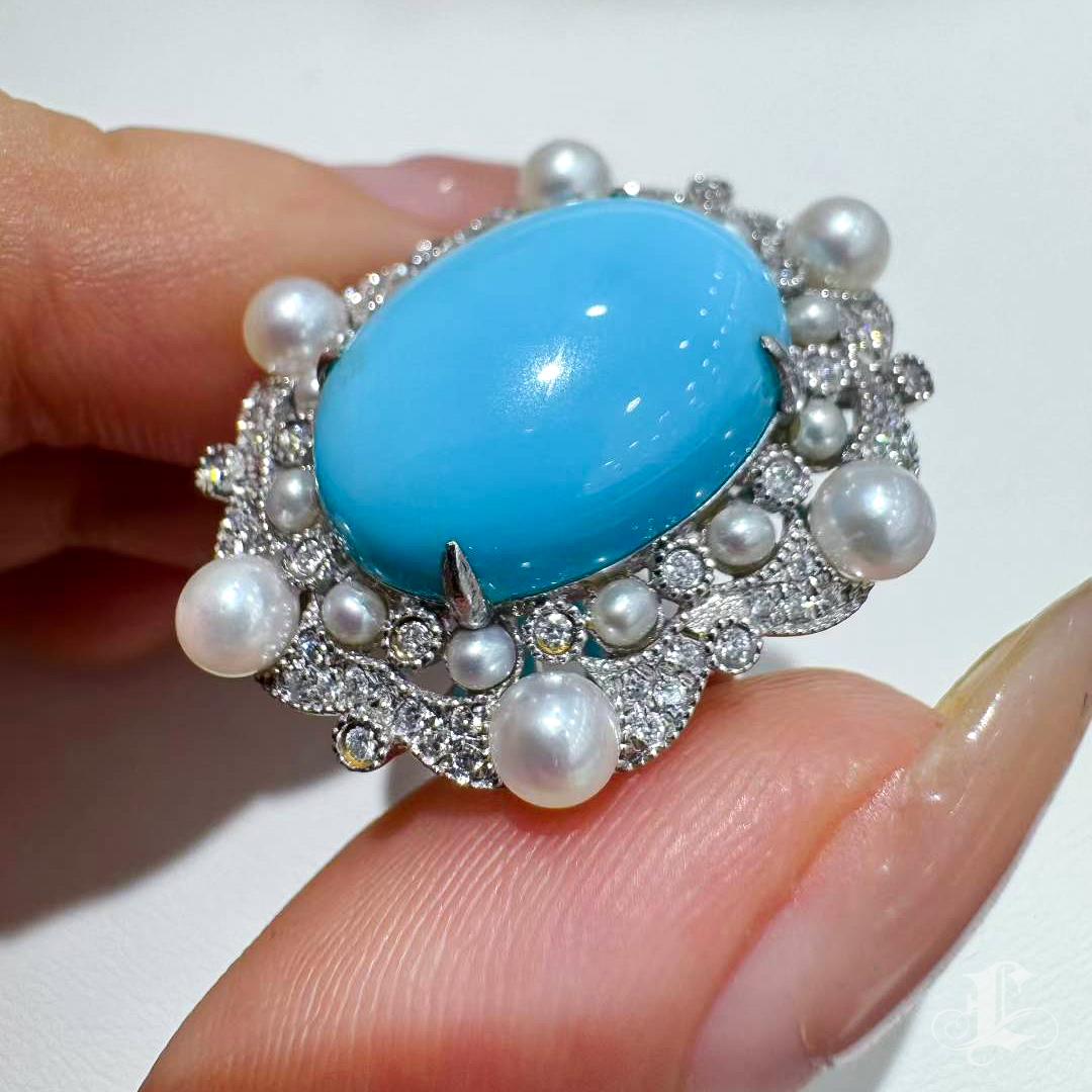 【Caelmare】Azure Bloom Türkis und Akoya Perle Diamant Ring im Angebot 2