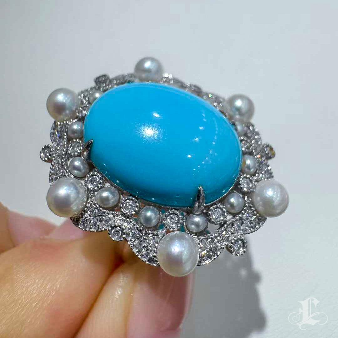 【Caelmare】Azure Bloom Türkis und Akoya Perle Diamant Ring im Angebot 3