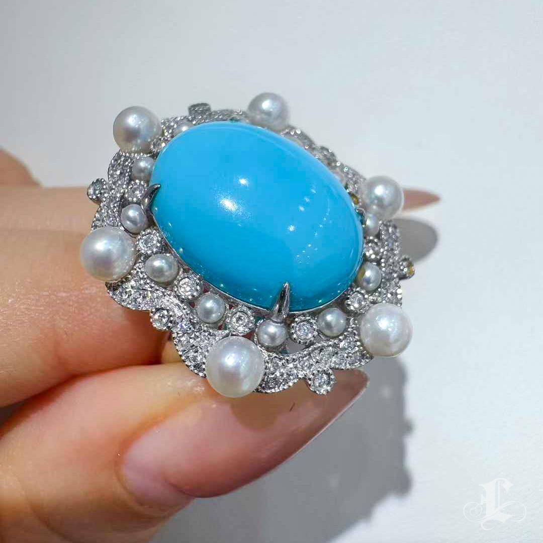 【Caelmare】Azure Bloom Türkis und Akoya Perle Diamant Ring im Angebot 4