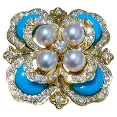【Caelmare】Azure Clover - Baby Akoya Pearl Turquoise Diamond Cocktail Ring