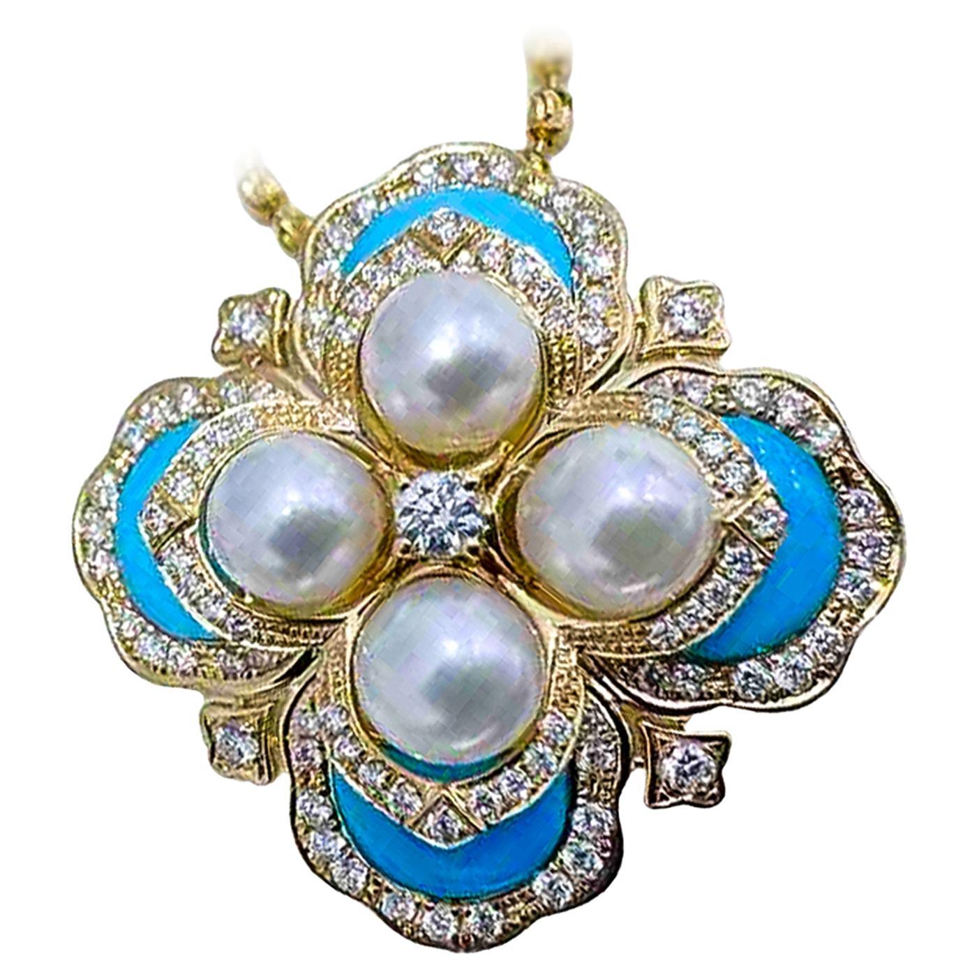 【Caelmare】Azure Clover - Baby Akoya Pearl Turquoise Diamond Pendant Necklace en venta