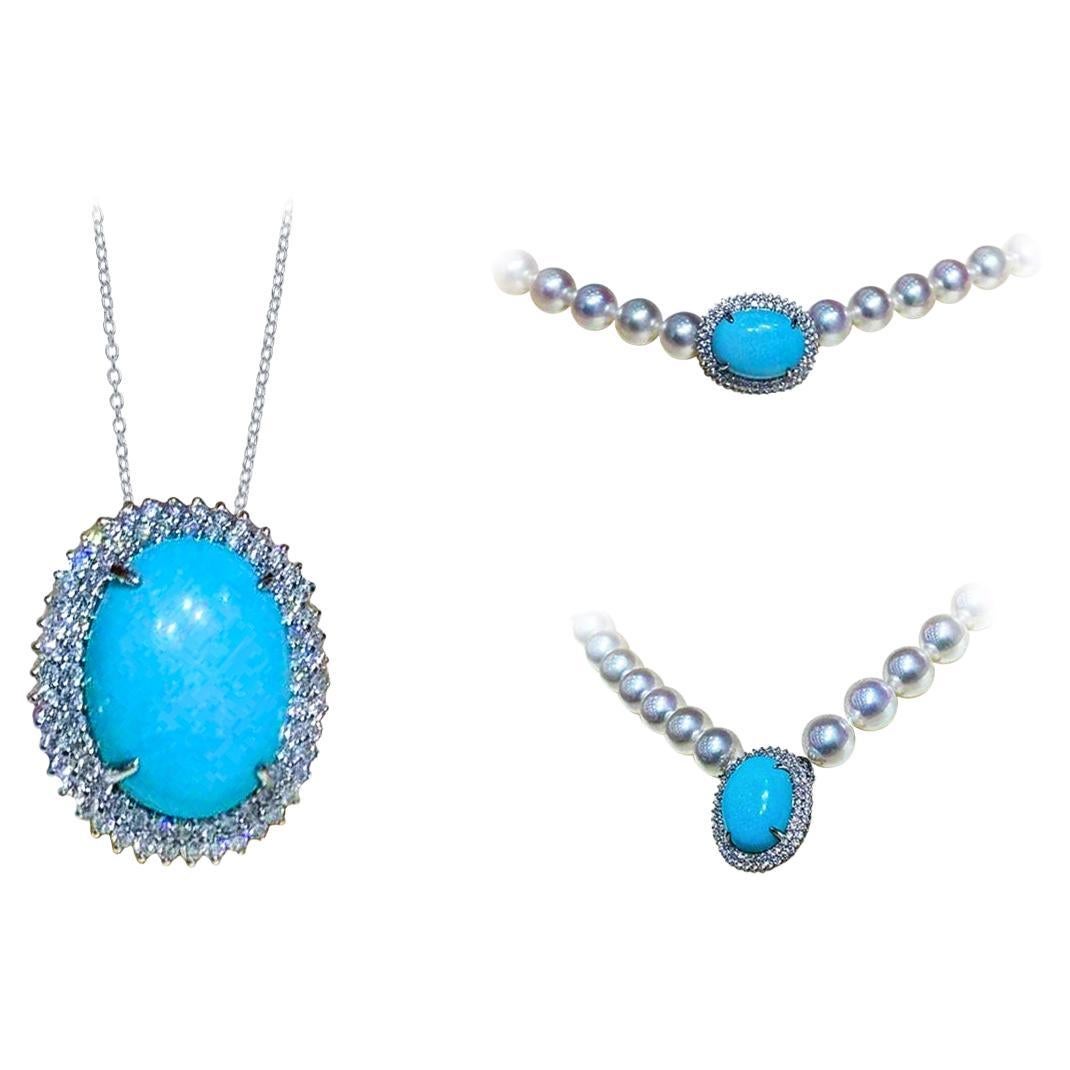 【Caelmare】Azure Halo Akoya Pearl & Turquoise Diamond Pendant Necklace