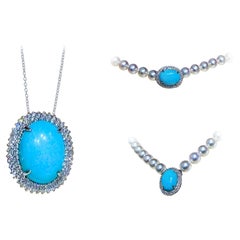 【Caelmare】Collar con colgante de perlas Akoya de halo azul y diamantes turquesa