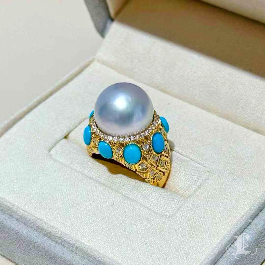 【Caelmare】 Anello di perle dei mari del sud ispirato alla corona barocca con diamanti e turchesi in vendita 4