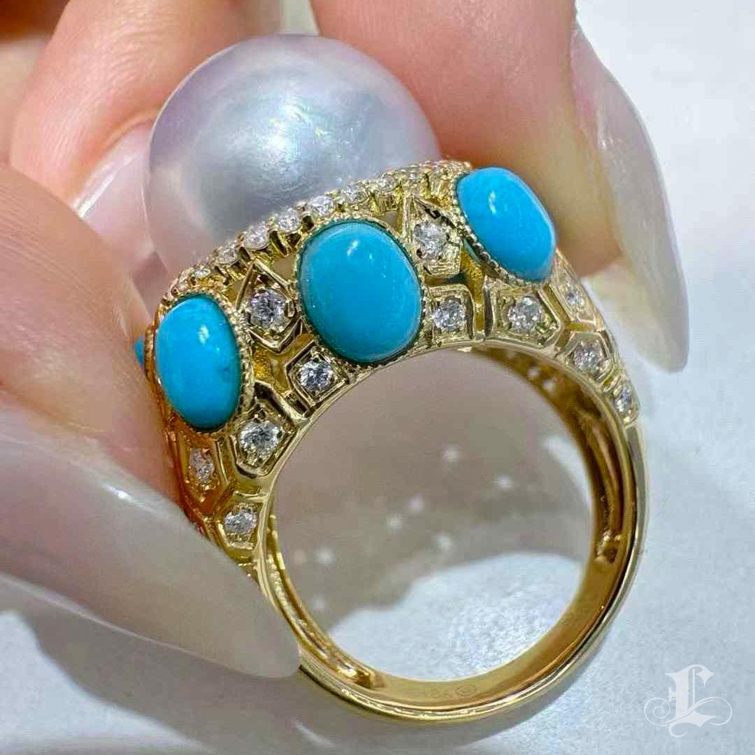 【Caelmare】 Anello di perle dei mari del sud ispirato alla corona barocca con diamanti e turchesi in vendita 1