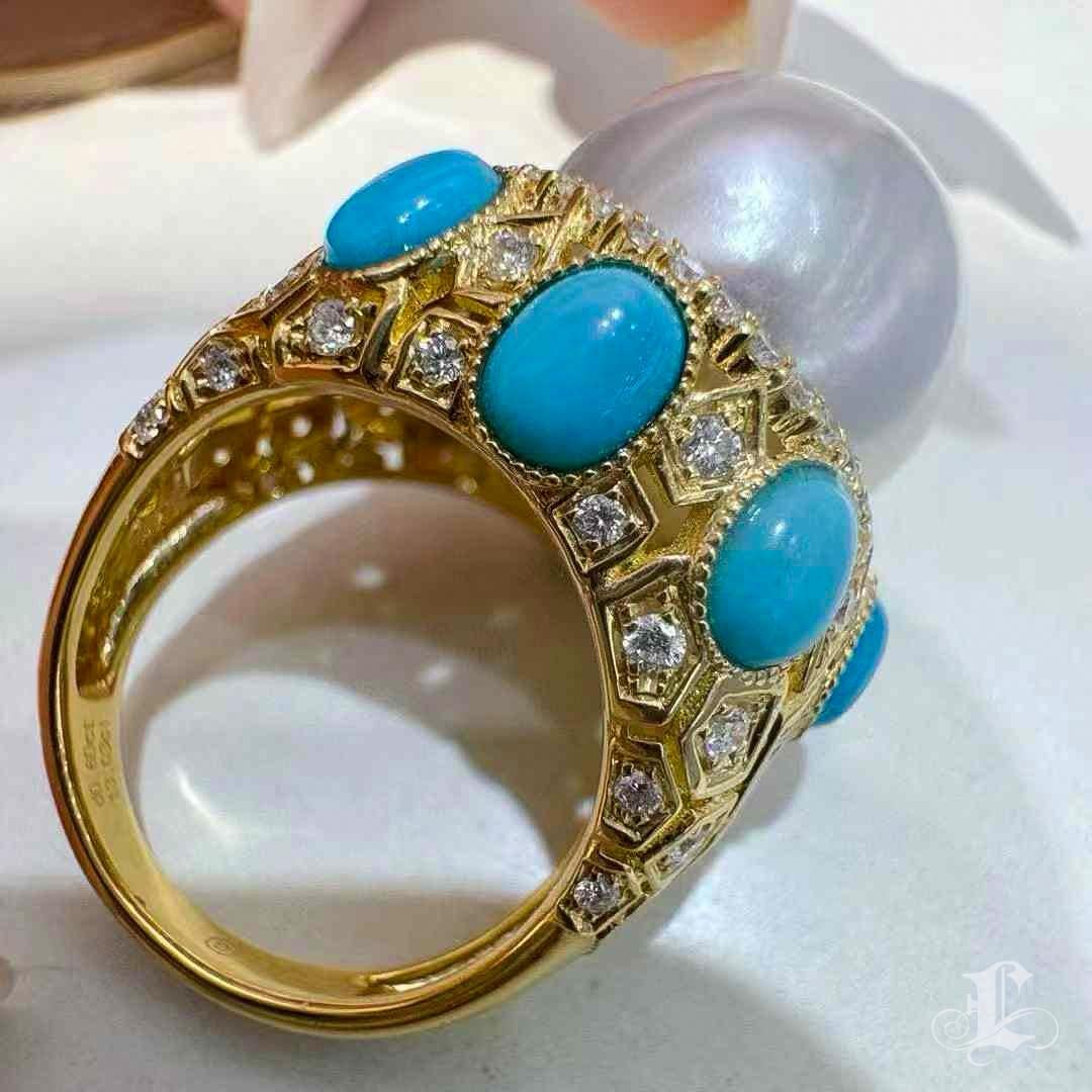 【Caelmare】 Anello di perle dei mari del sud ispirato alla corona barocca con diamanti e turchesi in vendita 2
