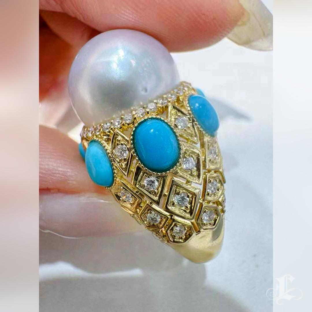 Donna 【Caelmare】 Anello di perle dei mari del sud ispirato alla corona barocca con diamanti e turchesi in vendita