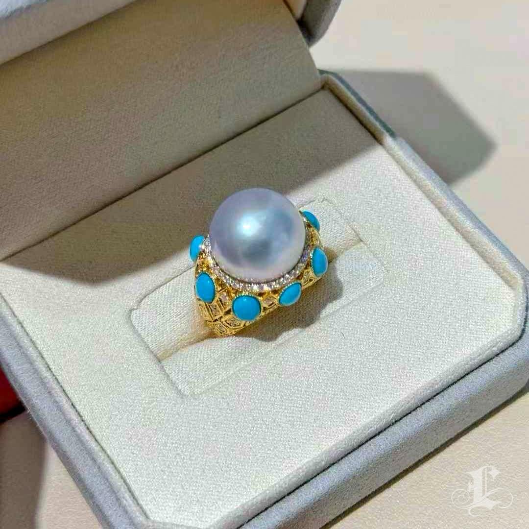 【Caelmare】 Anello di perle dei mari del sud ispirato alla corona barocca con diamanti e turchesi in vendita 5