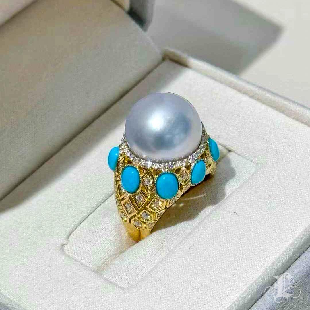【Caelmare】 Anello di perle dei mari del sud ispirato alla corona barocca con diamanti e turchesi in vendita 3