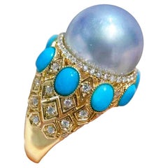 【Caelmare】Baroque Crown-Inspired South Sea Pearl Ring with Diamonds and Turquois