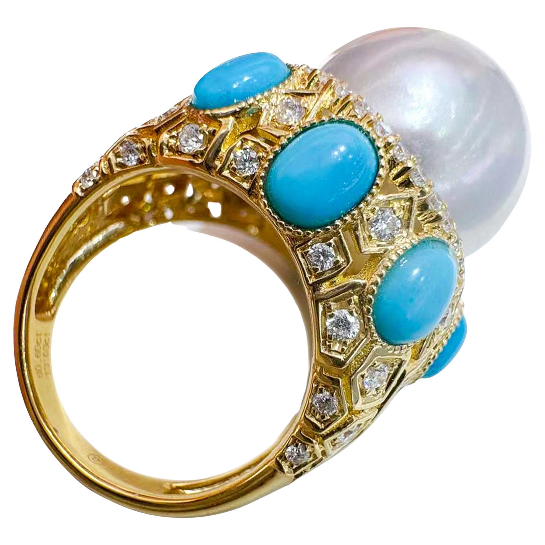 【Caelmare】Barocke Krone-inspirierter Südsee Perlen Ring mit Diamanten und Turquois