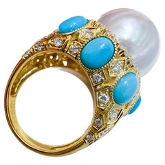 【Caelmare】Baroque Crown-Inspired South Sea Pearl Ring with Diamonds and Turquois