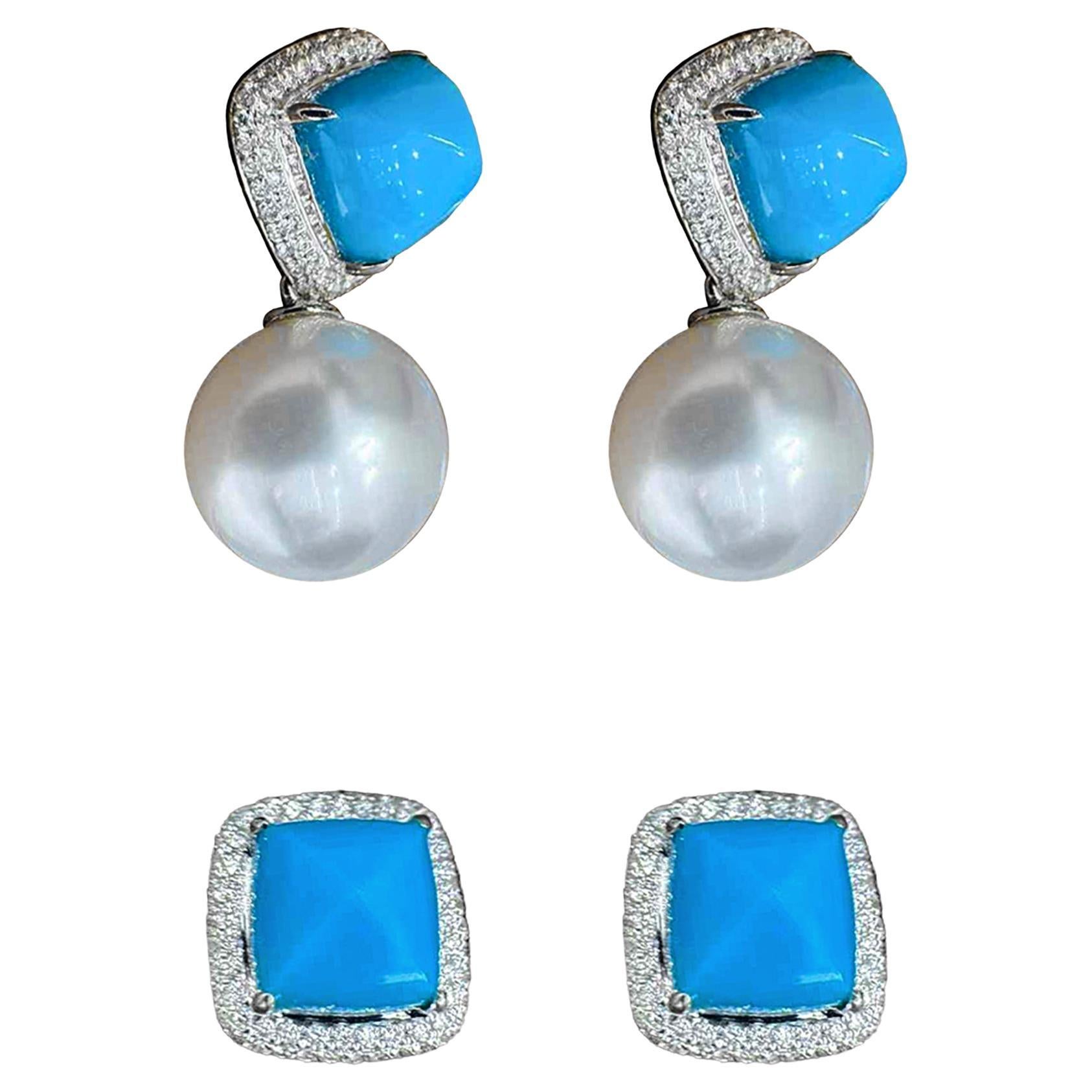 【Caelmare】Blue Muse Convertible Turquoise & South Sea Pearl Earrings