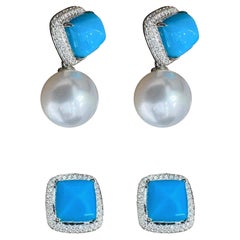 【Caelmare】Blue Muse Boucles d'oreilles convertibles en turquoise et perles des mers du Sud