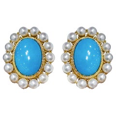【Caelmare】Cameo Pearl Halo Turquoise Stud Earrings
