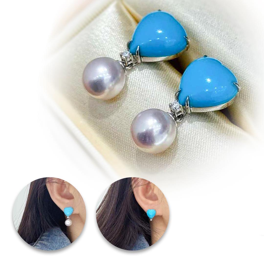 Uncut 【Caelmare】Celeste Heart Turquoise & Akoya Pearl Detachable Earrings For Sale