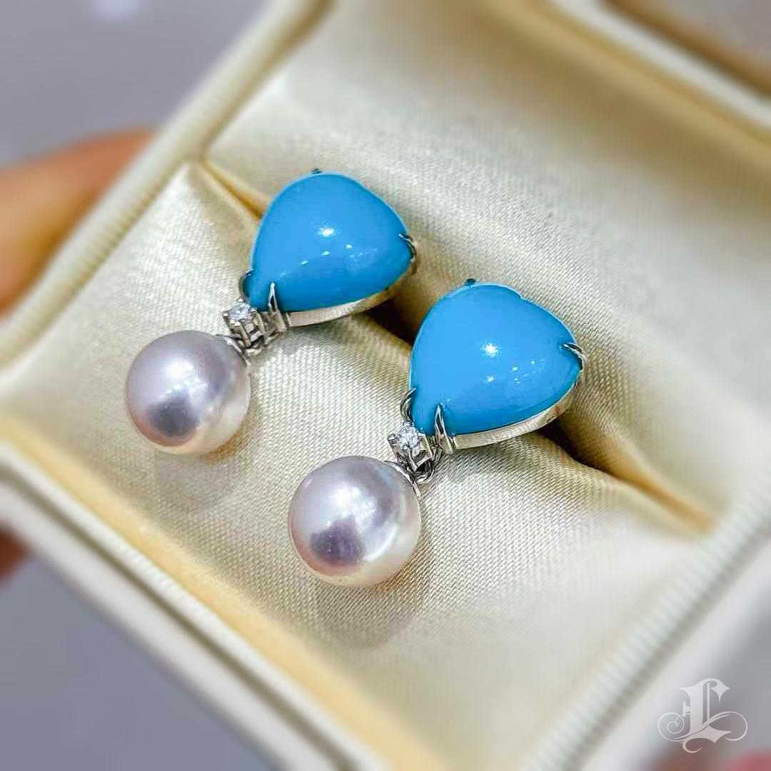 【Caelmare】Celeste Heart Turquoise & Akoya Pearl Detachable Earrings For Sale 1