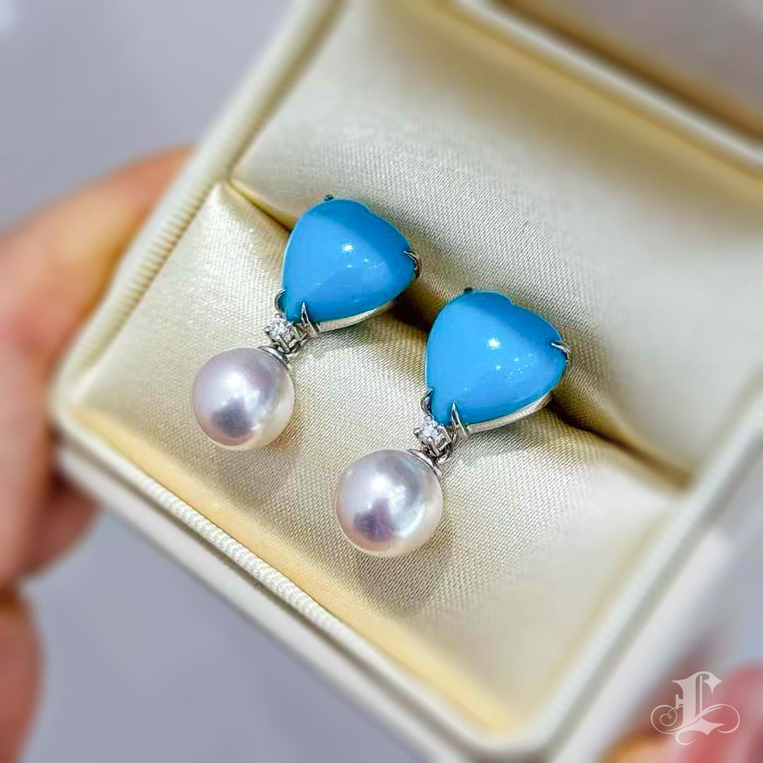 【Caelmare】Celeste Heart Turquoise & Akoya Pearl Detachable Earrings For Sale 2