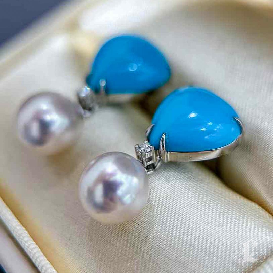 【Caelmare】Celeste Heart Turquoise & Akoya Pearl Detachable Earrings For Sale 3