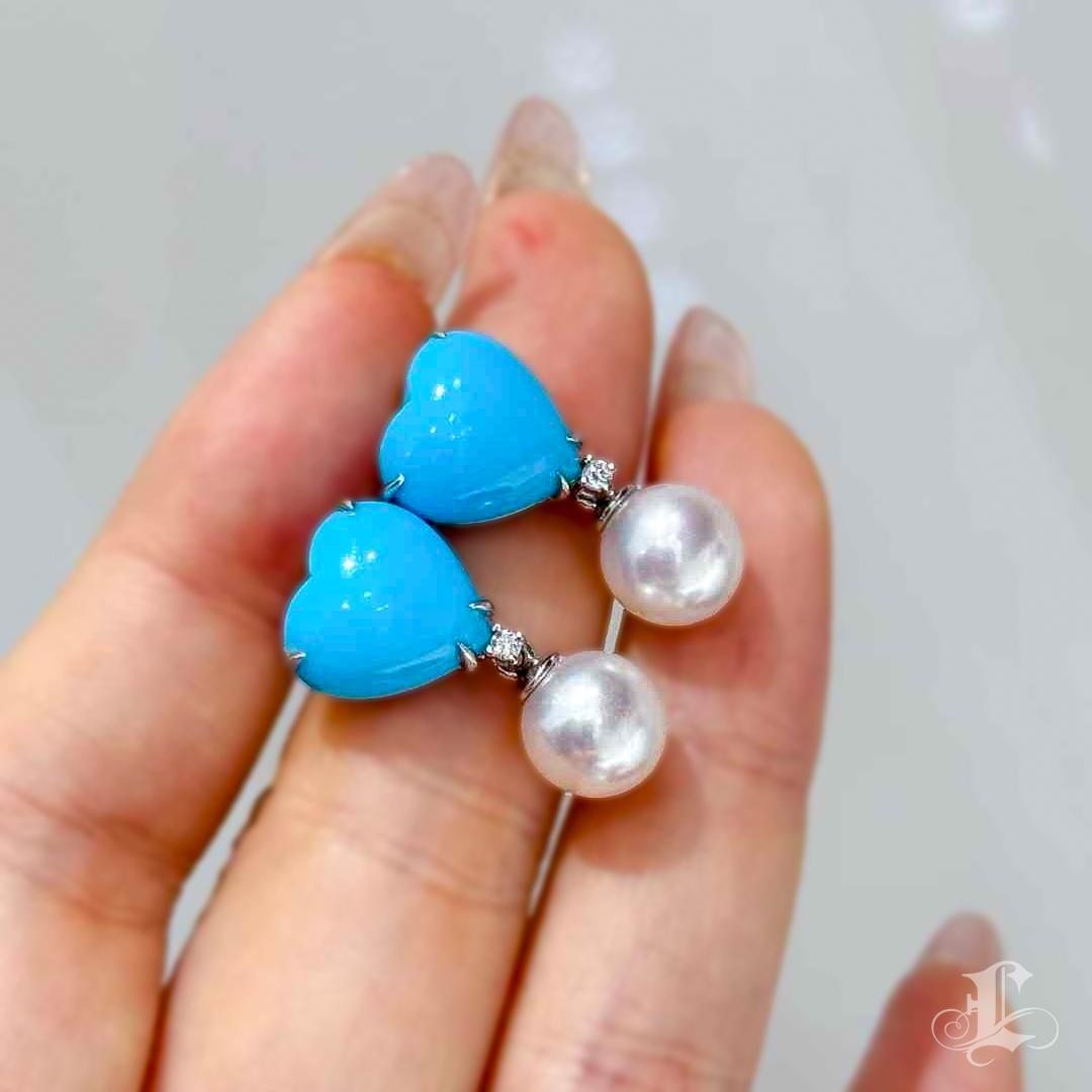 【Caelmare】Celeste Heart Turquoise & Akoya Pearl Detachable Earrings For Sale 4