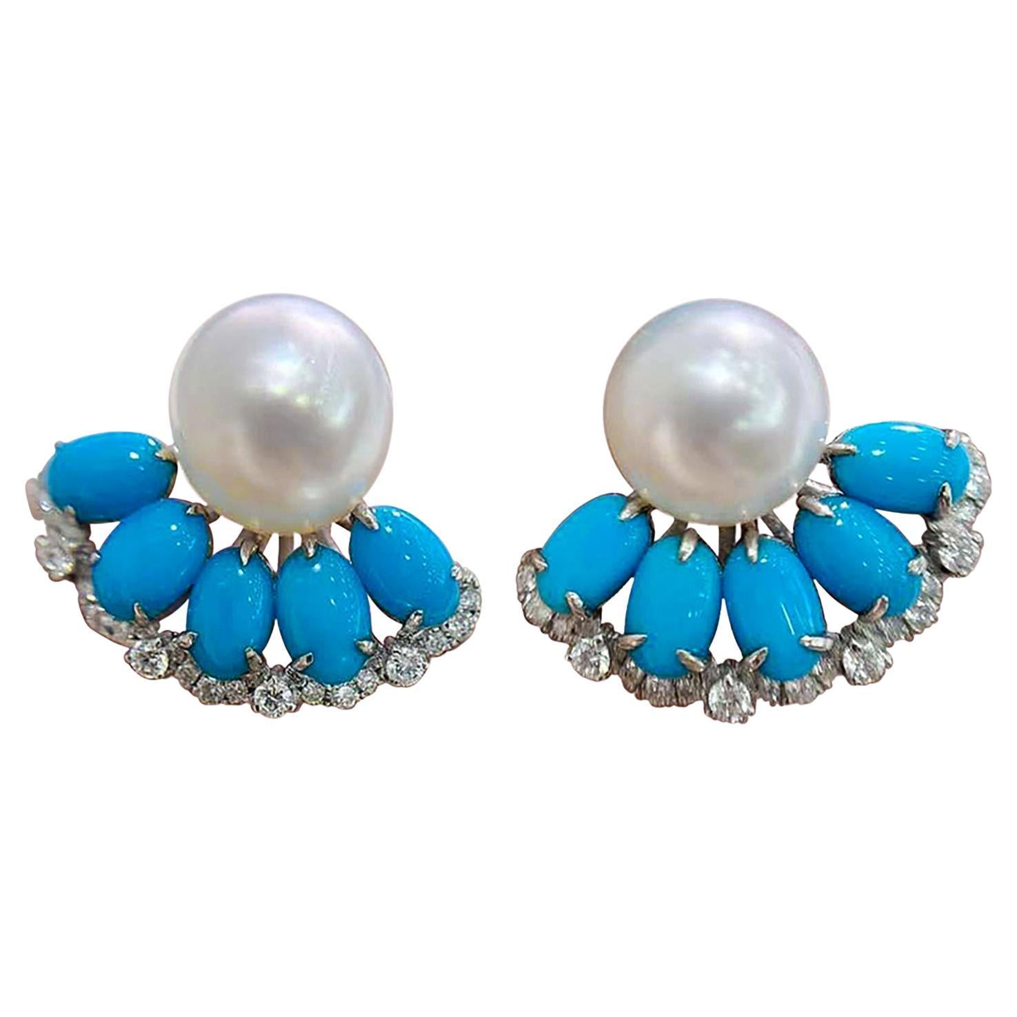 【Caelmare】Cerulean Fan Südsee Perle & Türkis Diamant Ohrringe