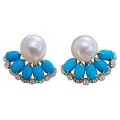 【Caelmare】Cerulean Fan South Sea Pearl & Turquoise Diamond Earrings