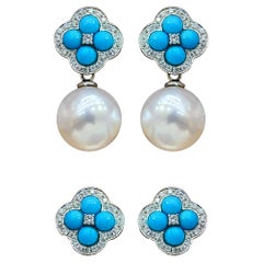【Caelmare】Clover Bloom Convertible Pearl & Turquoise Earrings