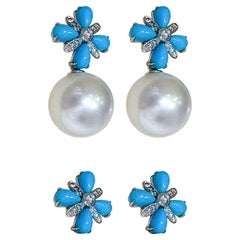 【Caelmare】Convertible 2-in-1 Blossom Südsee Perle Türkis Diamant Ohrringe