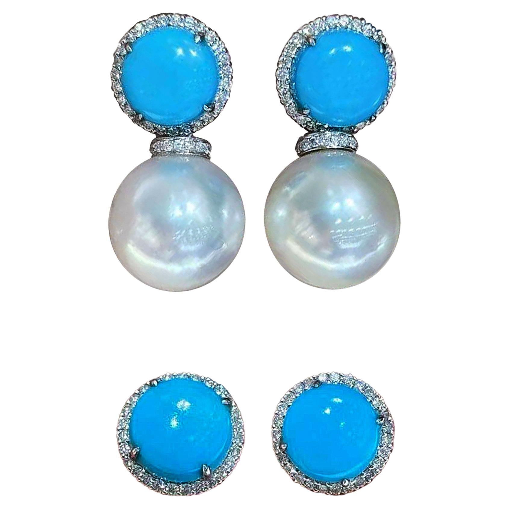 【Caelmare】Convertible 2-in-1 South Sea Pearl & Turquoise Diamond Earrings