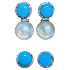 【Caelmare】Convertible 2-in-1 South Sea Pearl & Turquoise Diamond Earrings