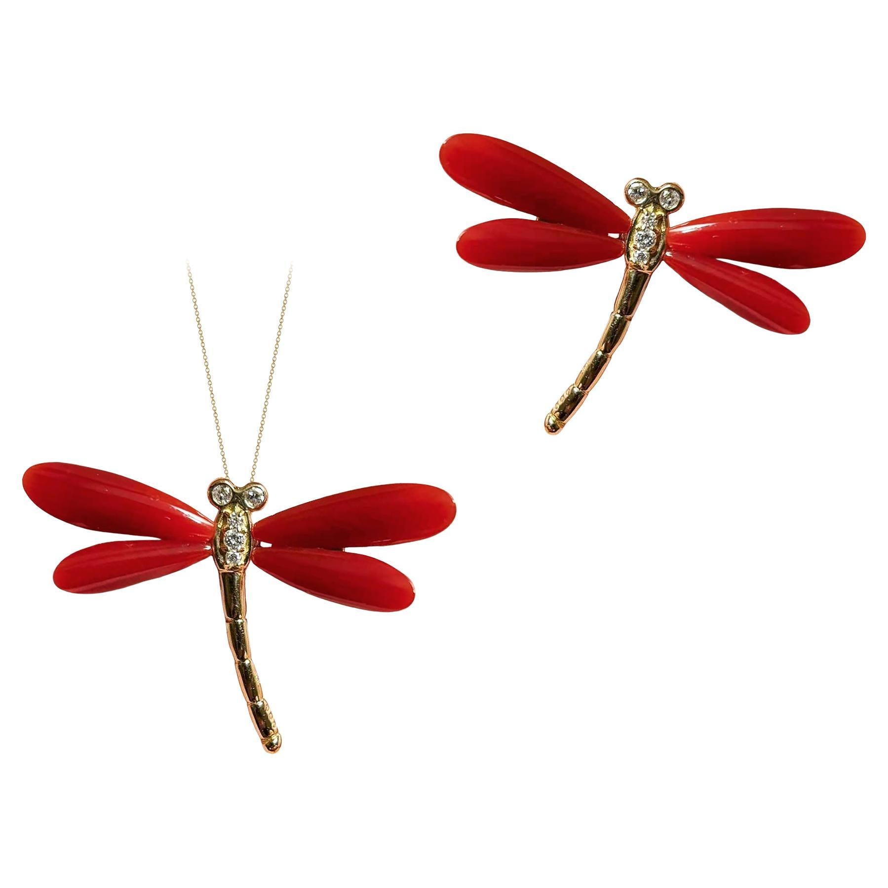 【Caelmare】Crimson Dragonfly Natural Aka Coral Convertible Pendant Brooch en vente
