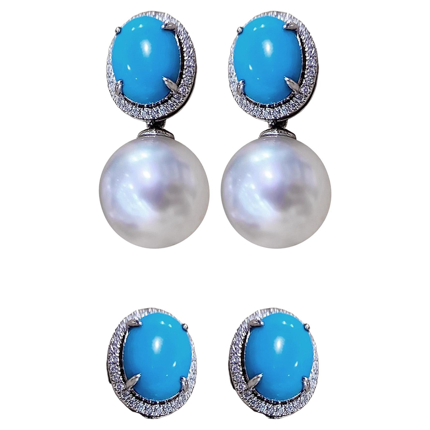 【Caelmare】Pendientes Ovalados Convertibles de Turquesa y Perla