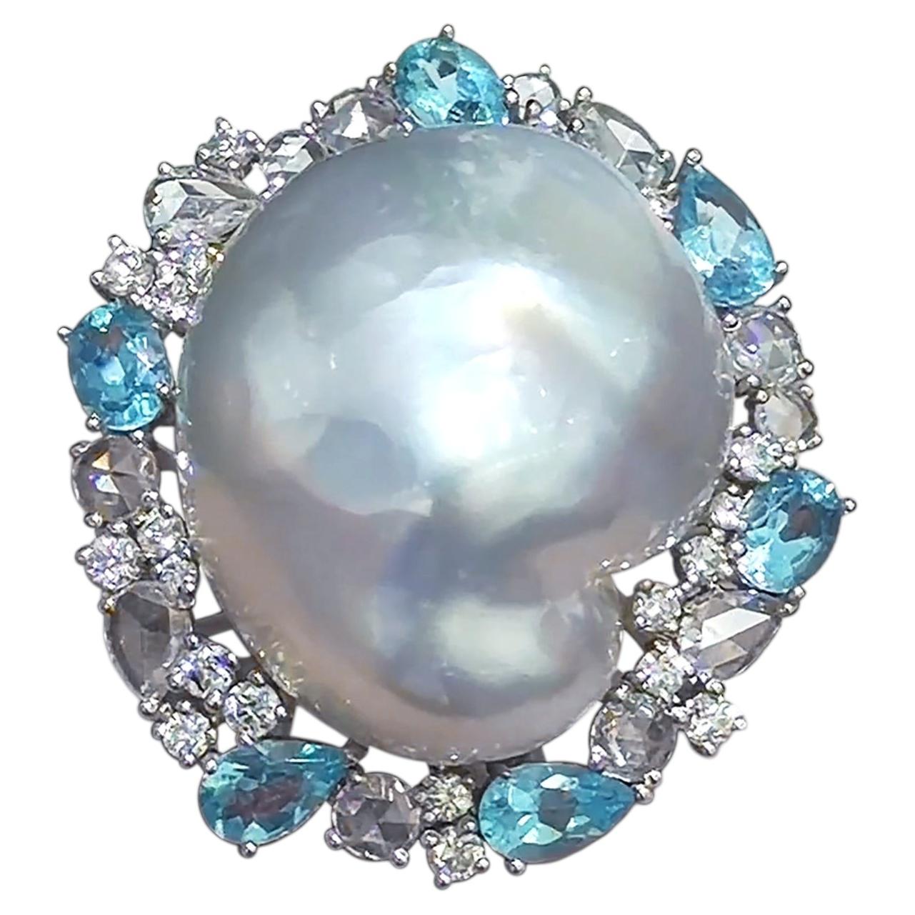【Caelmare】Keshi Baroque South Sea Pearl Aquamarine Diamond Ring