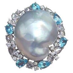 【Caelmare】Keshi Baroque South Sea Pearl Aquamarine Diamond Ring