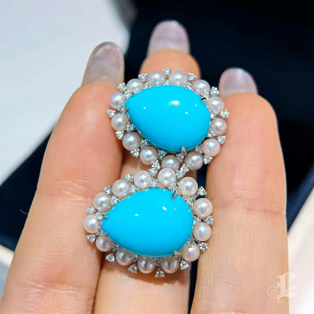 Donna Orecchini a cerchio in turchese naturale e perla Akoya in vendita