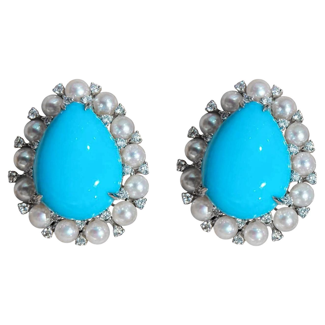 Orecchini a cerchio in turchese naturale e perla Akoya