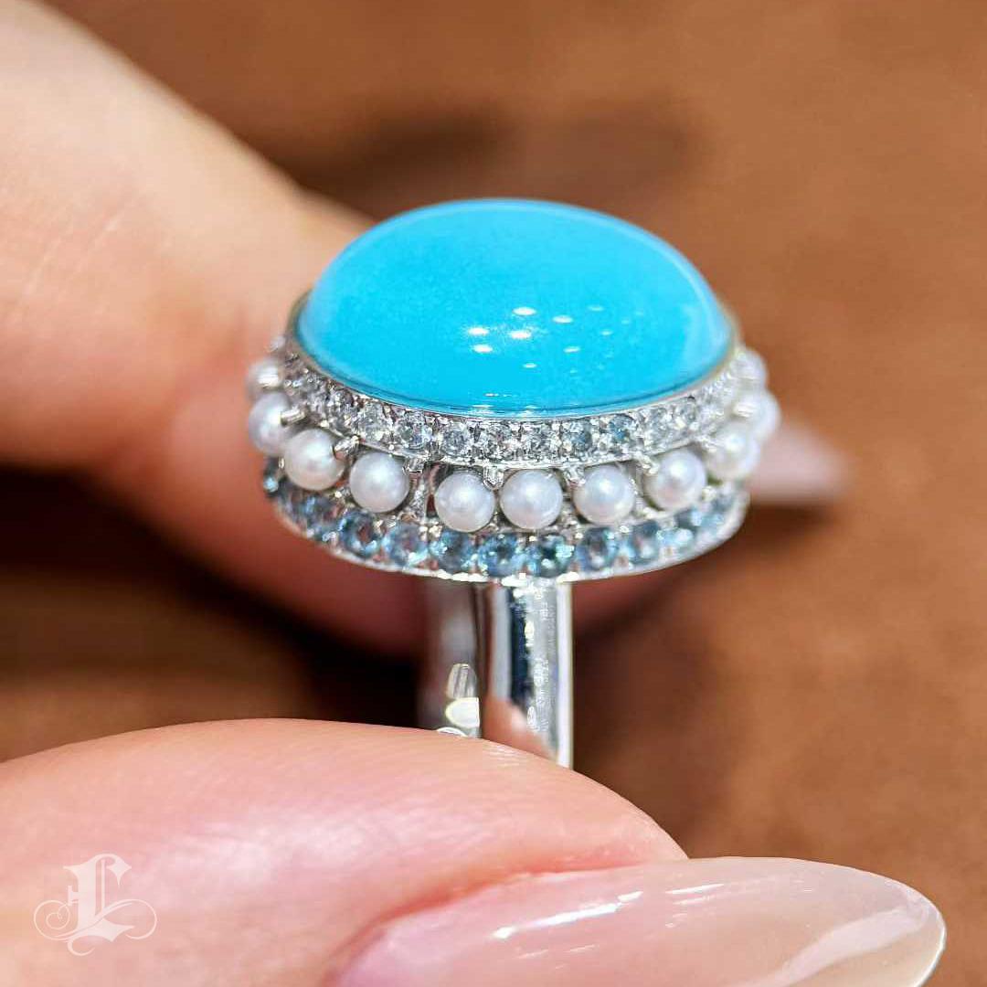 Women's 【Caelmare】Natural Turquoise Mini Pearl Diamond Halo Ring For Sale