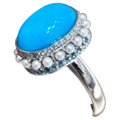 【Caelmare】Natural Turquoise Mini Pearl Diamond Halo Ring