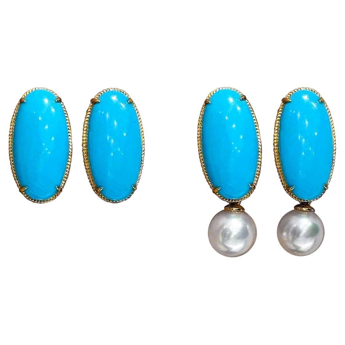 【Caelmare】Ocean Aurora Convertible Turquoise & Akoya Pearl Earrings