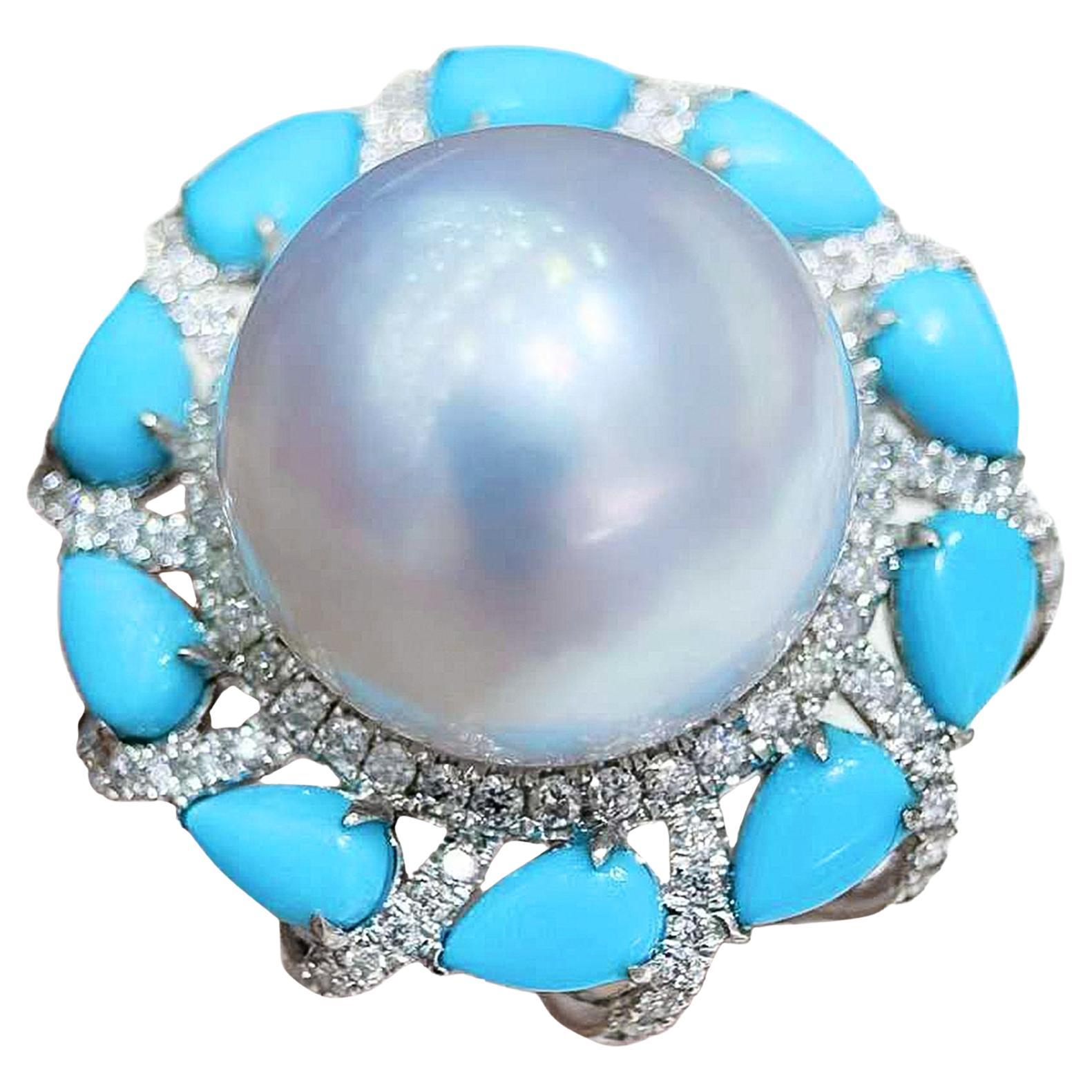【Caelmare】Ocean Crown South Sea Pearl & Turquoise Diamond Ring For Sale