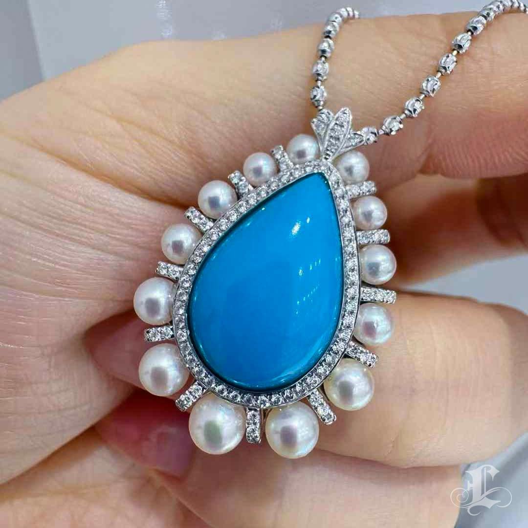 【Caelmare】Ocean Halo Convertible Turquoise & Akoya Pearl Pendant Ring For Sale 3