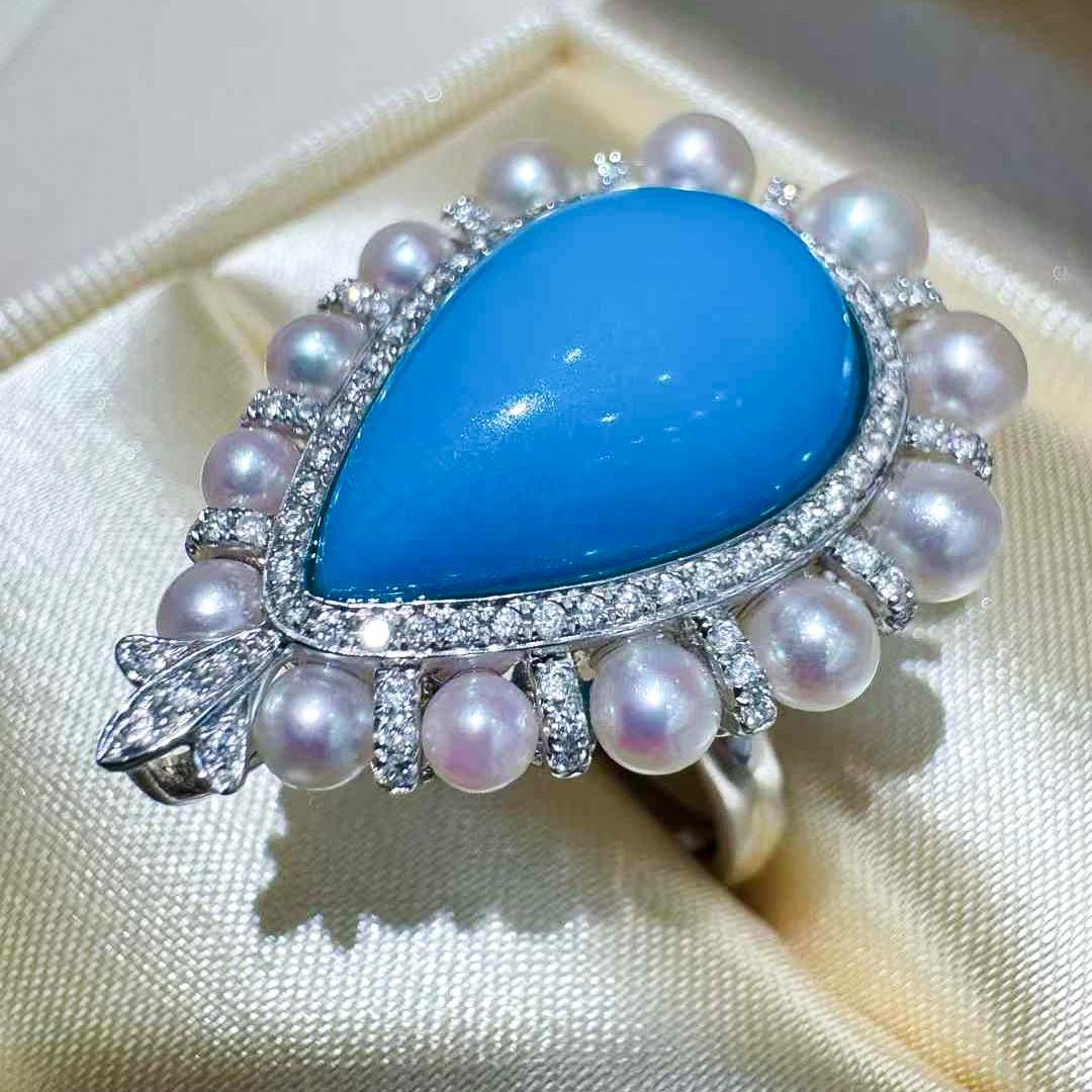 Women's 【Caelmare】Ocean Halo Convertible Turquoise & Akoya Pearl Pendant Ring For Sale
