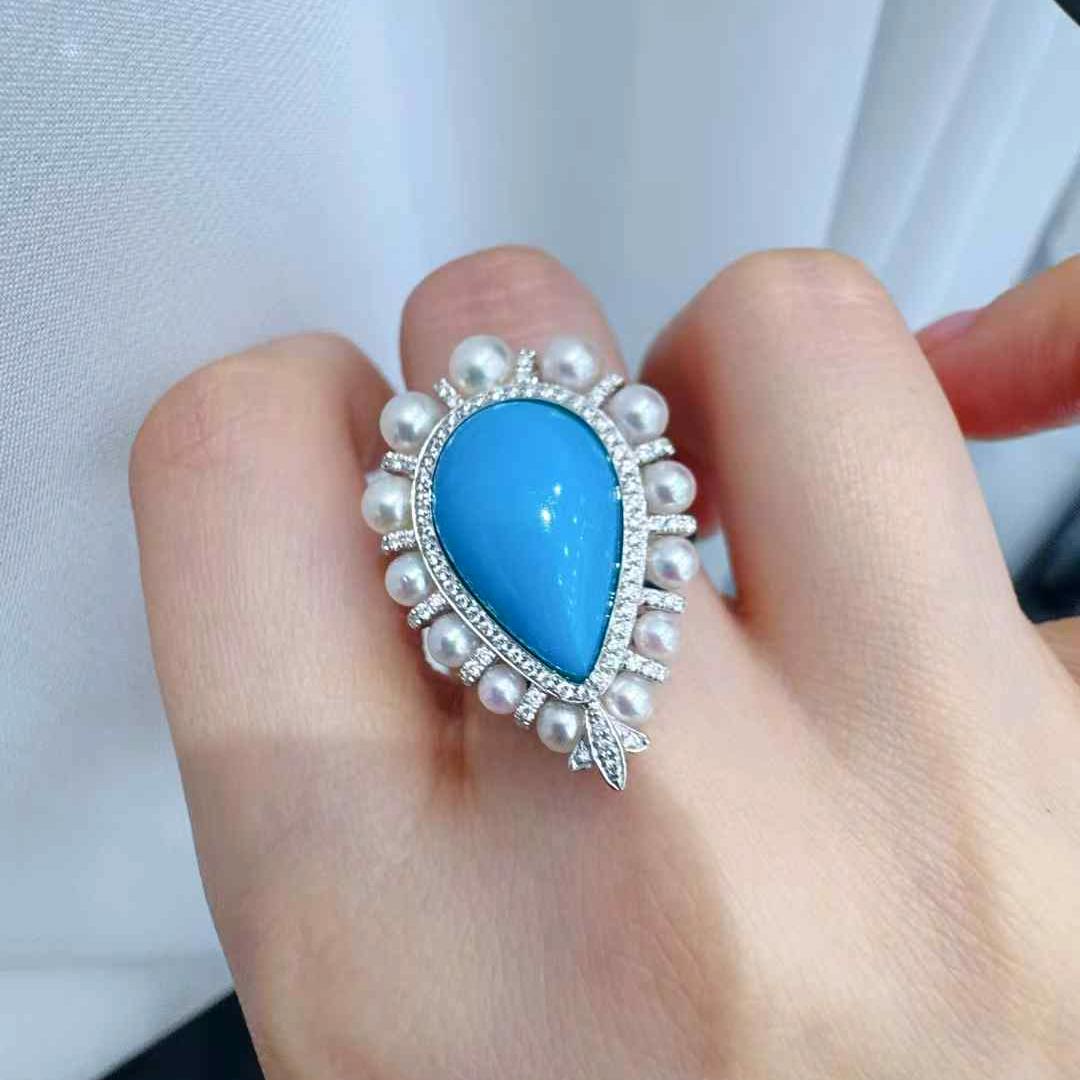 【Caelmare】Ocean Halo Convertible Turquoise & Akoya Pearl Pendant Ring For Sale 5