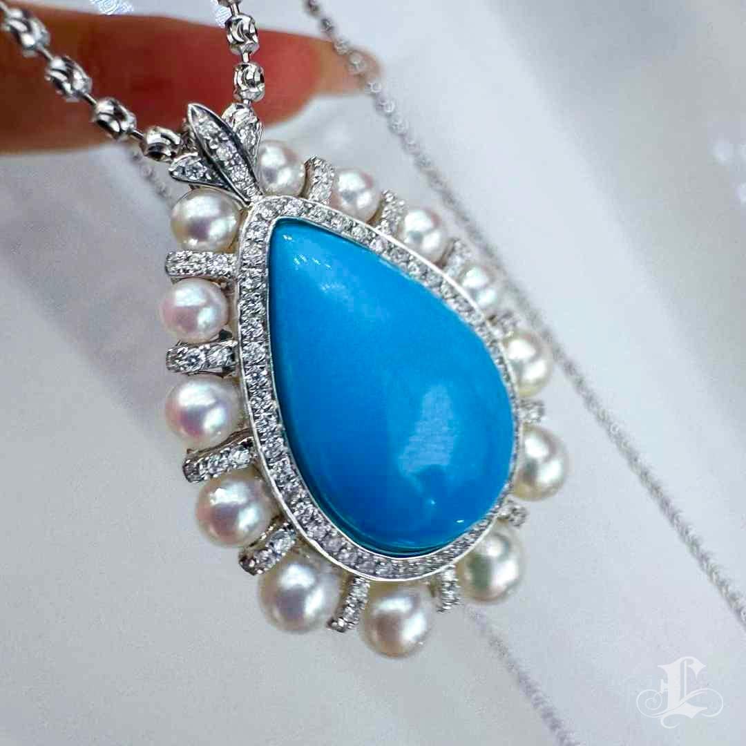 【Caelmare】Ocean Halo Convertible Turquoise & Akoya Pearl Pendant Ring For Sale 4